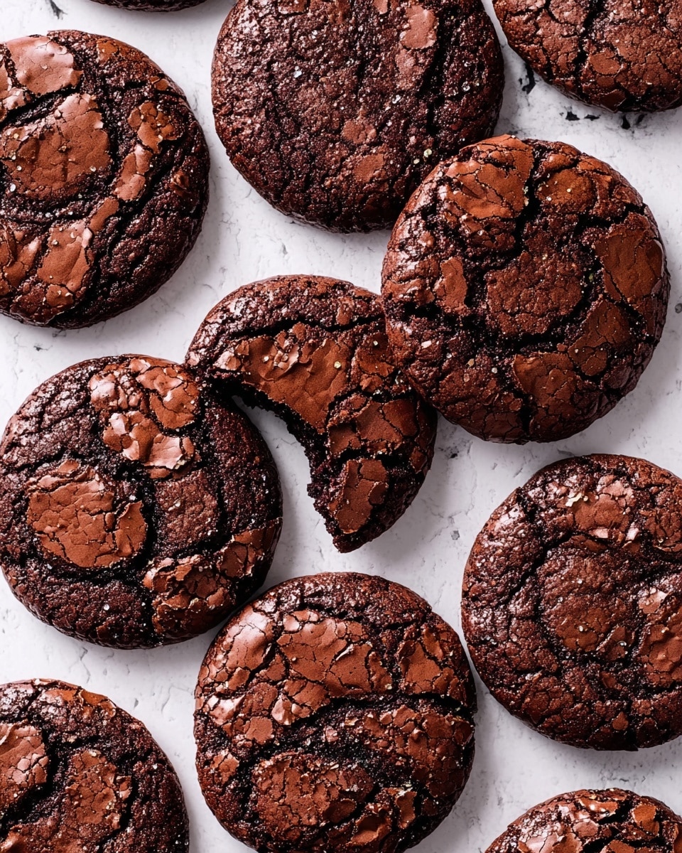 The image shows a group of round chocolate cookies with a cracked, shiny surface and rich dark brown color, scattered close together on a white marbled textured surface. One cookie in the center has a bite taken from it, showing a slightly softer inside. The cookies have both smooth and slightly rough textures with a glossy finish on some spots, giving them a fresh baked look. Photo taken with an iphone --ar 4:5 --v 7