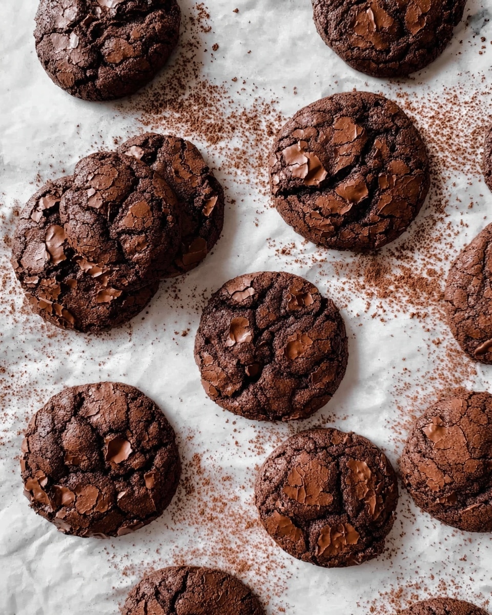 The image shows many round chocolate cookies with cracked, shiny, and textured tops scattered on white parchment paper, which rests on a white marbled surface. Around some cookies, there are rings of loose cocoa powder marks, adding a rustic touch. The cookies are dark brown, with an uneven surface showing rich chocolate chunks inside. They are arranged casually, overlapping and spaced irregularly, giving a fresh-baked look. photo taken with an iphone --ar 4:5 --v 7