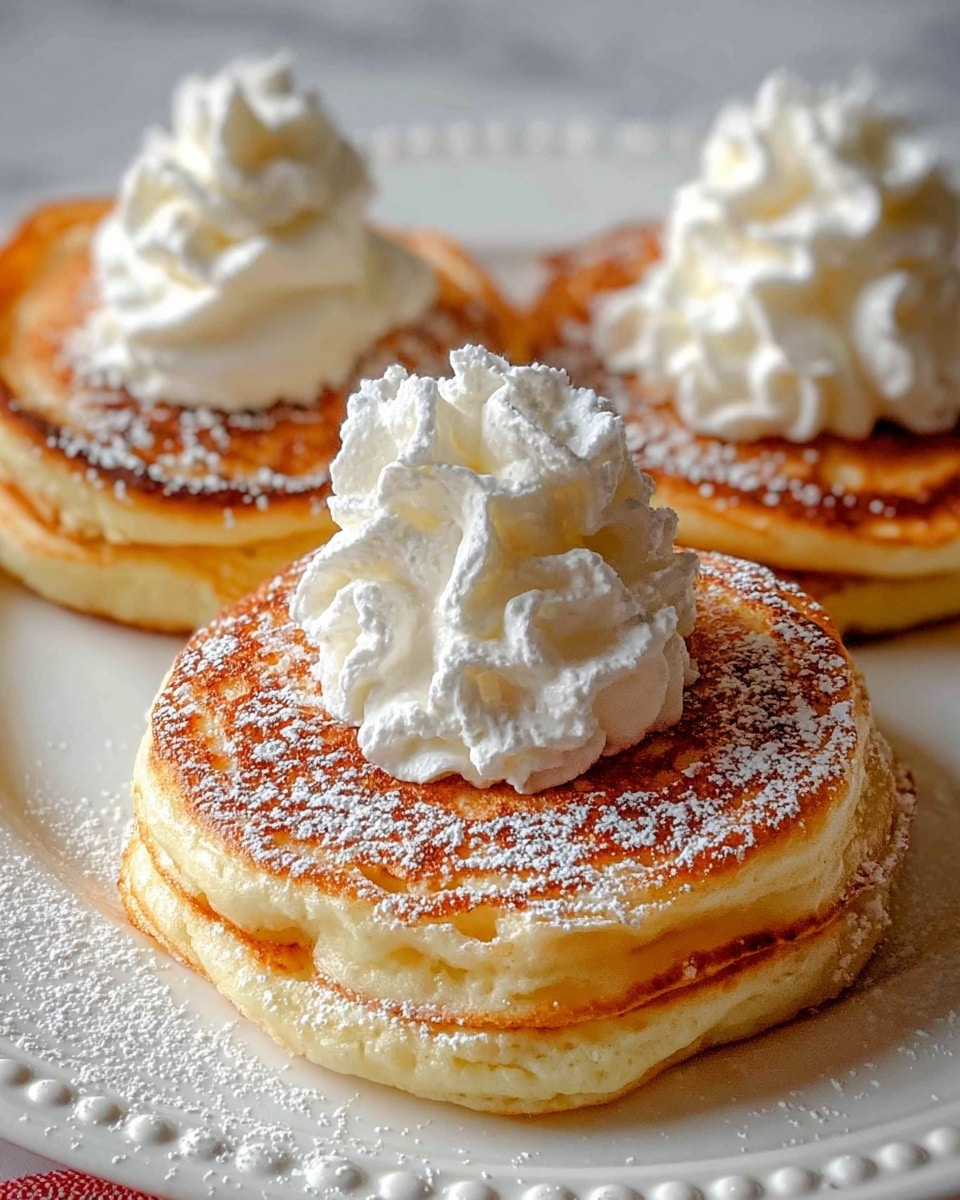 Three thick, fluffy pancakes sit on a white plate with a decorative edge, each pancake golden brown with a slightly crispy edge and soft, spongy texture. Each pancake has a generous dollop of white whipped cream piled on top, and a light dusting of powdered sugar covers the pancakes and the plate, adding a delicate snowy look. The focus is on the front pancake, showing its airy layers closely, while the other two pancakes softly blur in the background. The plate rests on a white marbled surface. photo taken with an iphone --ar 4:5 --v 7