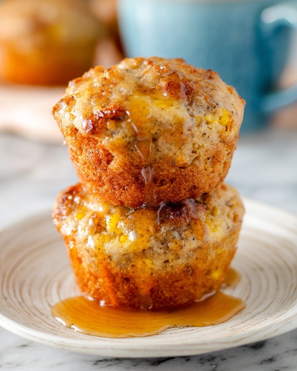 A stack of two muffins with a rough, golden-brown surface showing small bits of yellow and darker brown specks inside, covered by a shiny drizzle of syrup that runs down the sides and pools on a white plate with a subtle circular pattern around the edge; the background is a soft white marbled texture with a blurred blue cup and an out-of-focus muffin on a white plate behind the stack. photo taken with an iphone --ar 4:5 --v 7
