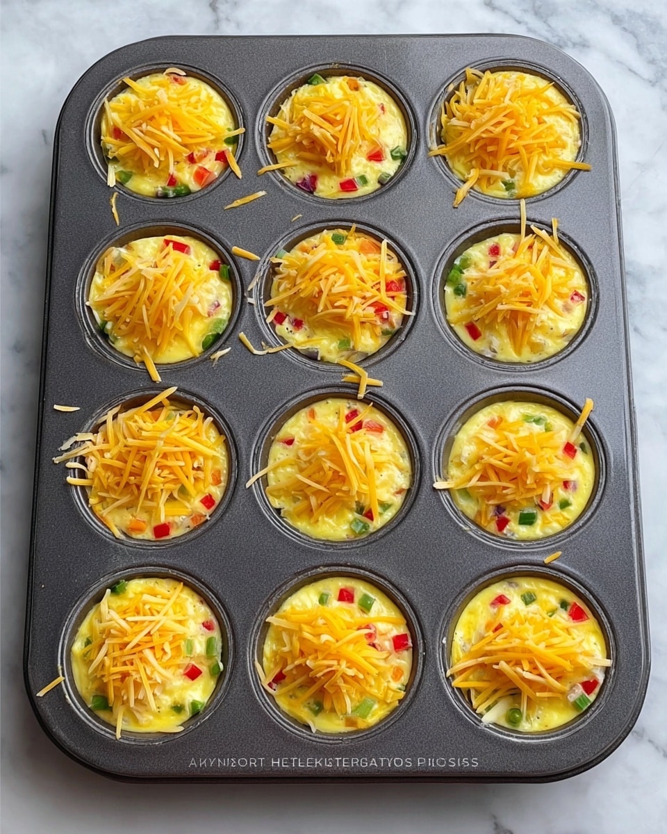 A dark gray metal muffin tray holds twelve cups filled with a bright yellow egg mixture, speckled with small pieces of red and green vegetables. Each cup is topped with shredded orange-yellow cheese. The tray is placed on a white marbled surface. The egg mixture looks smooth and slightly glossy, while the cheese is finely shredded and spread evenly on top of each cup. photo taken with an iphone --ar 4:5 --v 7