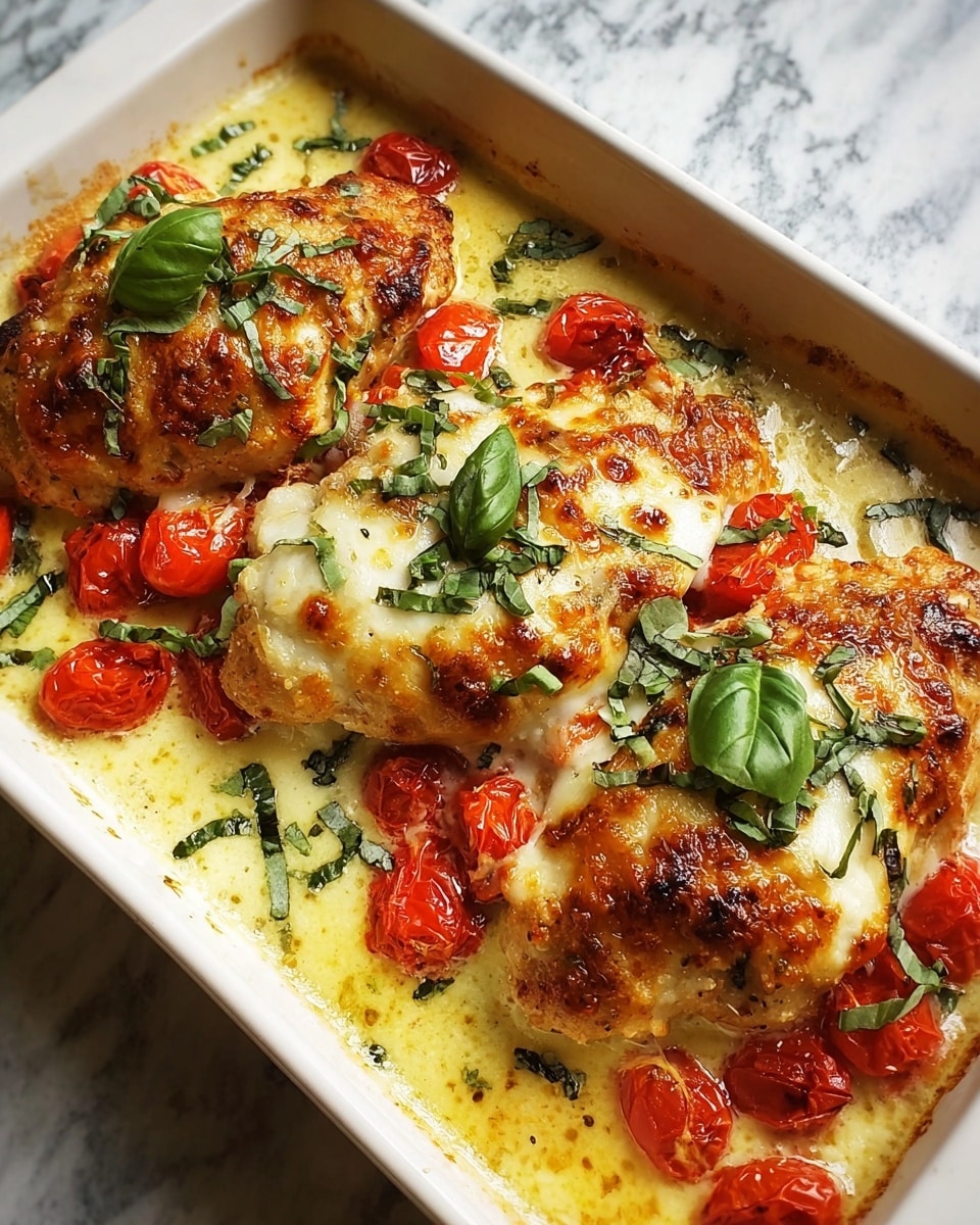 The dish shows two large, thick pieces of chicken topped with golden brown melted cheese that is bubbly and slightly crispy around the edges. The chicken sits in a creamy, orange-colored sauce that looks rich and smooth, pooling around the chicken on a white baking dish. Fresh green herbs, finely chopped, are sprinkled over the cheese layer, and a small fresh basil leaf is placed on top of the front piece of chicken. The cheese layer appears thick and textured with some browned spots, while the sauce underneath shines with a glossy finish. The dish is set on a white marbled surface. photo taken with an iphone --ar 4:5 --v 7