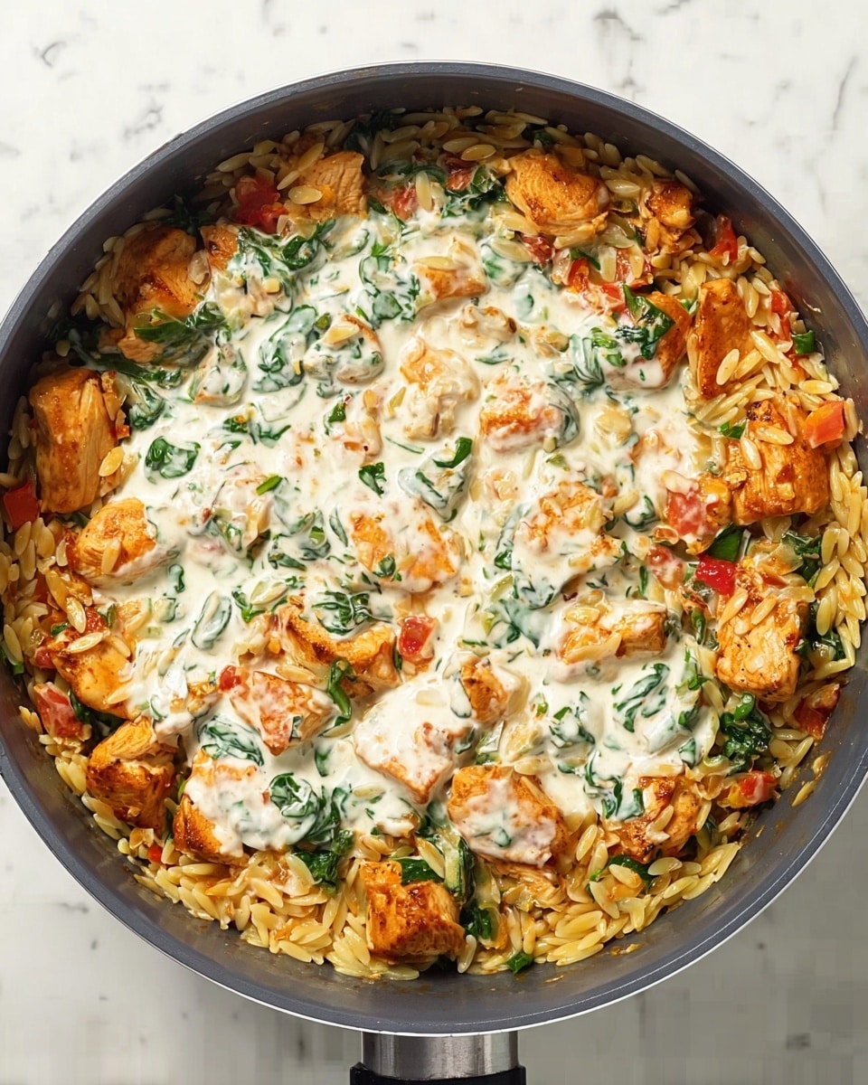 A top view of a gray pan filled with a cooked dish that has about three layers: the bottom layer is lightly browned orzo pasta, the middle layer consists of cooked pieces of orange-brown chicken mixed with green spinach leaves and diced tomatoes, and the top layer is creamy white sauce mixed irregularly over the dish, creating a mottled texture with orange and green hints. The pan is placed on a white marbled surface, and the colors are vivid with the pasta forming a border around the creamy chicken mixture in the center. photo taken with an iphone --ar 4:5 --v 7