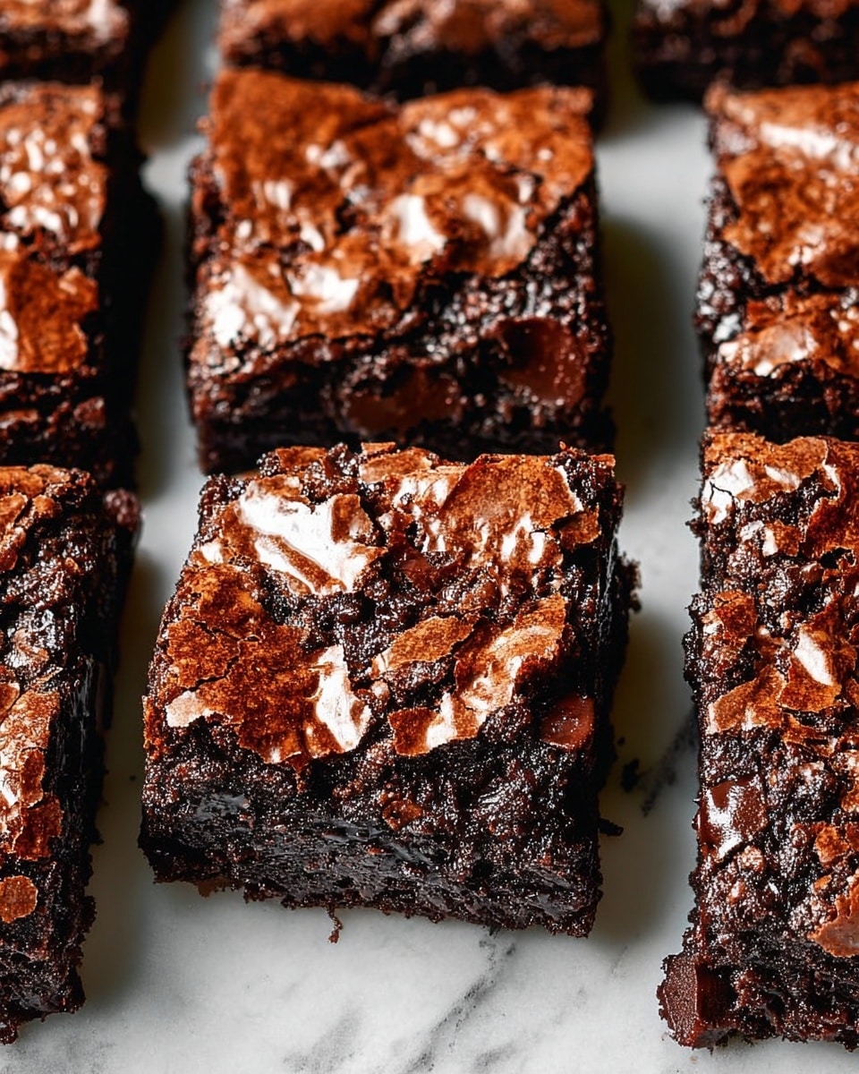 This image shows a close-up view of several thick, square chocolate brownies arranged neatly on a white marbled surface. Each brownie has a shiny, cracked top layer with a dark brown, textured crust that looks slightly crispy. Underneath the top crust, there are visible gooey, melted chocolate pockets that give the brownies a rich, moist appearance. The edges of the brownies are chunky and slightly crumbly, contrasting with the smooth, melted chocolate areas. The overall look is dense and fudgy with a mix of smooth and cracked textures. Photo taken with an iphone --ar 4:5 --v 7