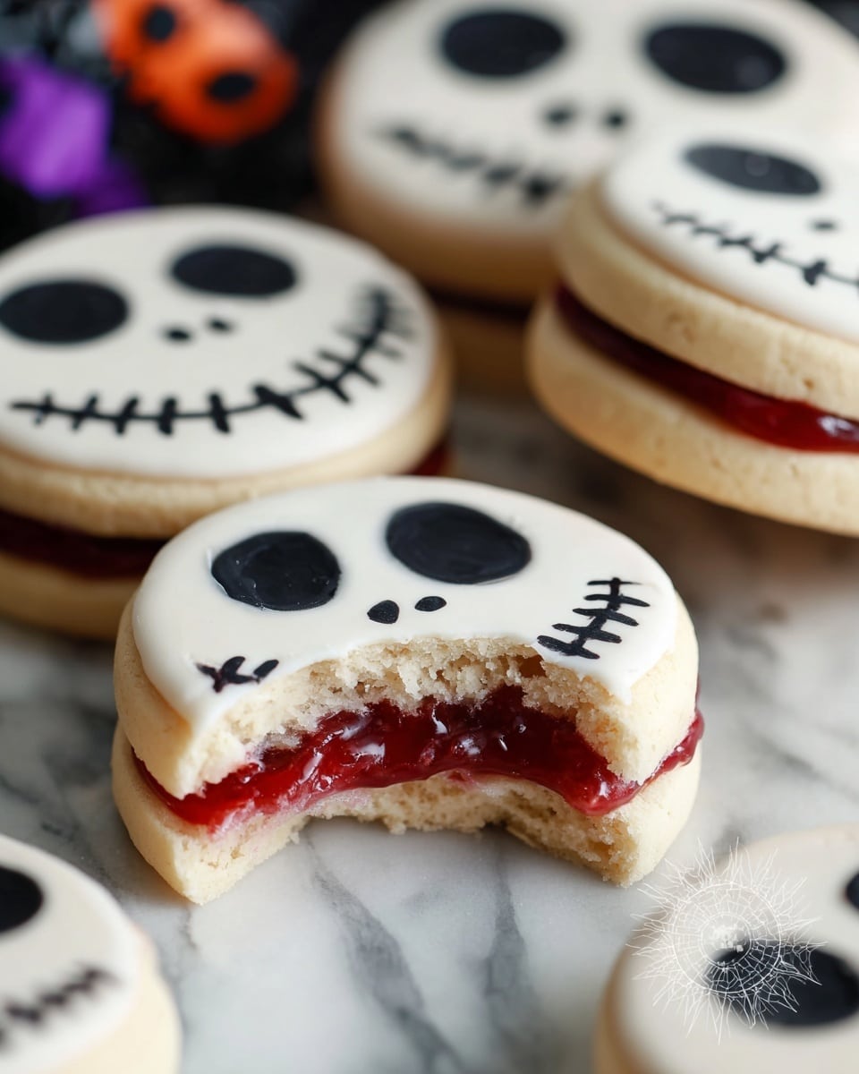 The image shows a group of two-layer skull-shaped cookies. Each cookie has a bottom layer of light beige cookie and a middle layer of bright red jam. The top layer is a smooth white icing decorated with black icing to make large hollow eyes, small nose holes, and a stitched mouth pattern. One cookie is bitten to show the layers clearly. The cookies rest on a surface with a white marbled texture and some blurred Halloween-themed items in the back. photo taken with an iphone --ar 4:5 --v 7