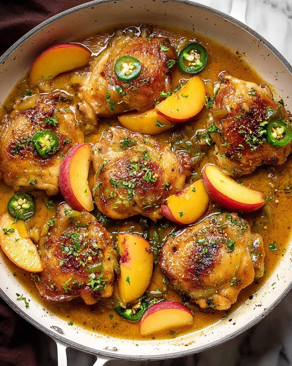 The image shows a white pan filled with six pieces of cooked chicken thighs, each piece golden brown with a slightly crispy texture, topped with slices of red and yellow peaches and thin green jalapeño slices. The dish is covered in a shiny, thick, light brown sauce that pools around the chicken. Tiny green parsley bits are sprinkled over the chicken and sauce. The pan handle is visible on the right side, and the background is a white marbled surface. photo taken with an iphone --ar 4:5 --v 7