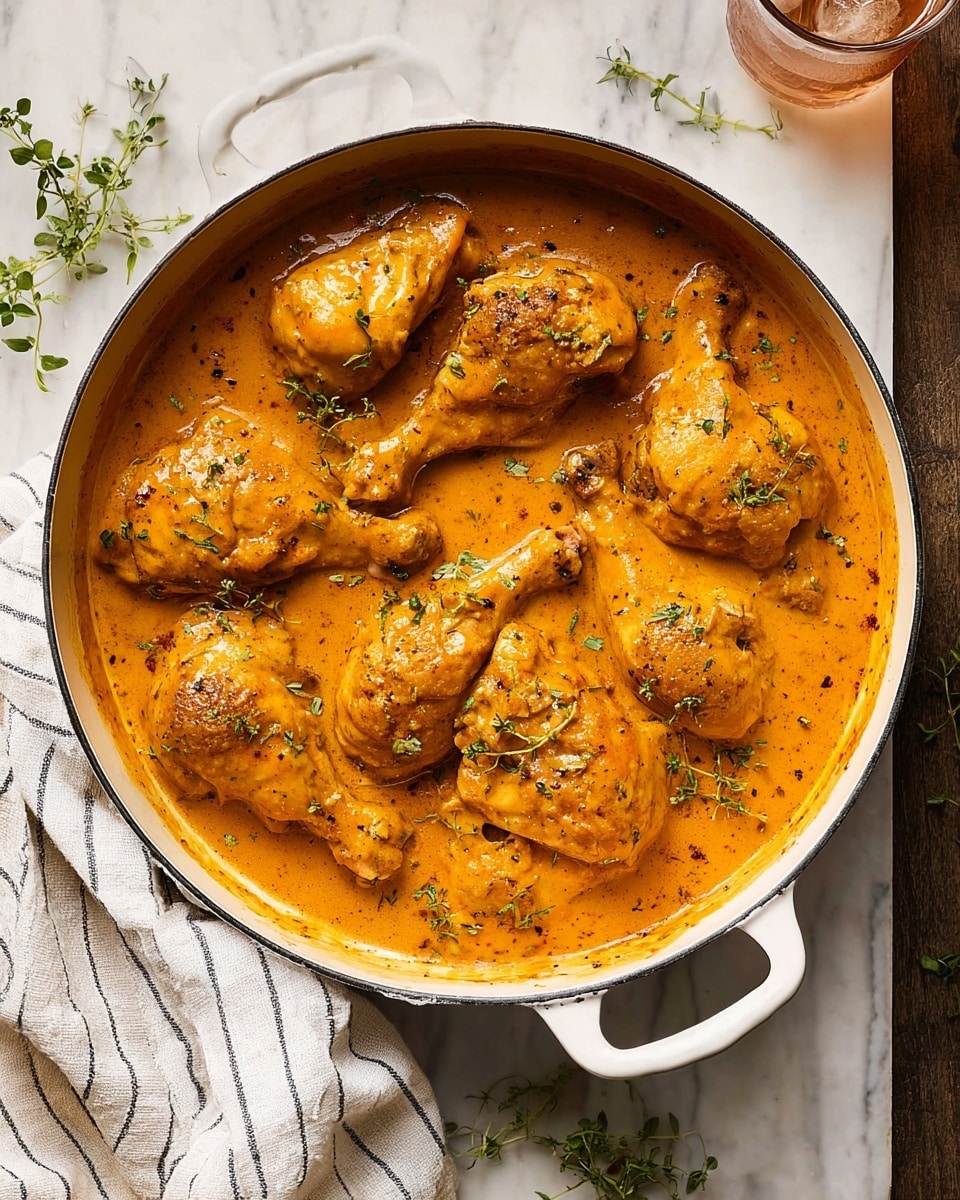 A round white pot filled with eight pieces of chicken legs and thighs covered in thick, creamy orange sauce with a smooth texture, garnished lightly with small green herbs scattered over the chicken. The pot with handles is placed on a white marbled surface, accompanied by some tiny green leaves spread around and a white cloth with thin black stripes partly visible on one side. A glass with iced drink is seen on the upper right corner. Photo taken with an iphone --ar 4:5 --v 7
