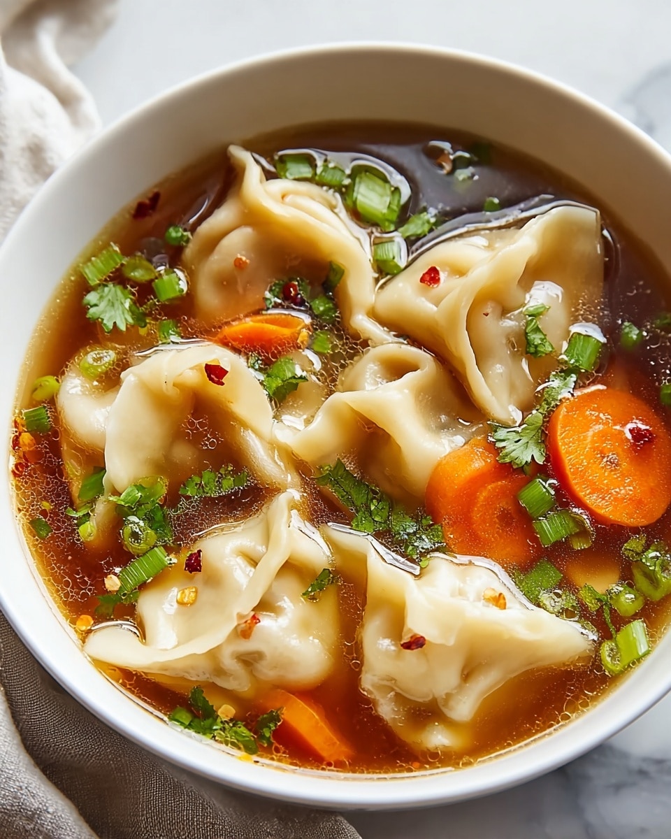A white pot filled with a warm broth colored dark amber. Floating inside are plump dumplings with smooth, pale dough and soft folds, scattered evenly across the surface. Mixed into the broth are small green peas, chopped scallions, bright orange carrot chunks, and bits of leafy green vegetables, adding a vibrant contrast to the soup. The broth looks slightly oily, giving a shiny texture that reflects light. The pot sits on a white marbled surface with a bit of greenery blurred in the background for a fresh touch. photo taken with an iphone --ar 4:5 --v 7