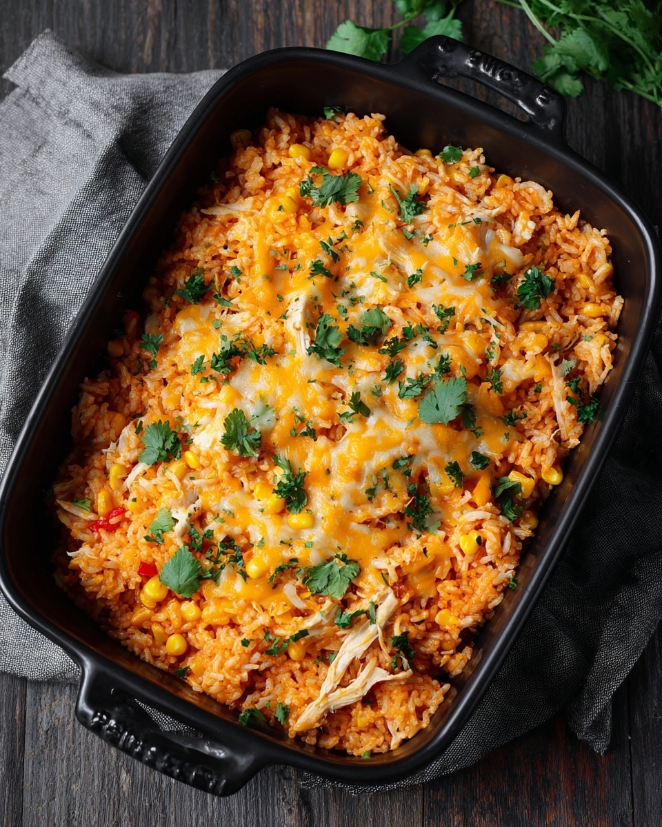 A black casserole dish filled with one main layer of orange-colored rice mixed with pieces of shredded white chicken and scattered yellow corn kernels, topped with melted light brown cheese and small green cilantro leaves, the rice looks soft and moist with some red bits mixed in, the dish sits on a dark wooden surface with a gray cloth nearby, photo taken with an iphone --ar 4:5 --v 7