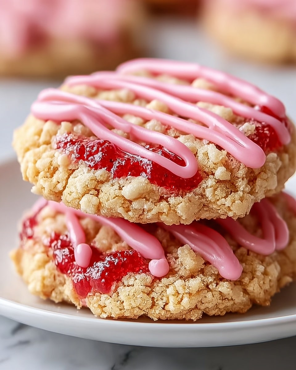 The image shows several round cookies arranged closely together on a white marbled surface. Each cookie has three visible layers: the bottom crumbly layer is light golden-brown with a slightly cracked texture, the middle layer is a smooth, glossy red jelly spread evenly across the cookie’s surface, and the top layer features light pink icing drizzled in thick, curved lines over the jelly. Additionally, there are small, crumbly golden-yellow streusel bits sprinkled over the icing and jelly, adding texture and color contrast. The overall look is soft and inviting with a balanced mix of smooth, crunchy, and glossy finishes. photo taken with an iphone --ar 4:5 --v 7