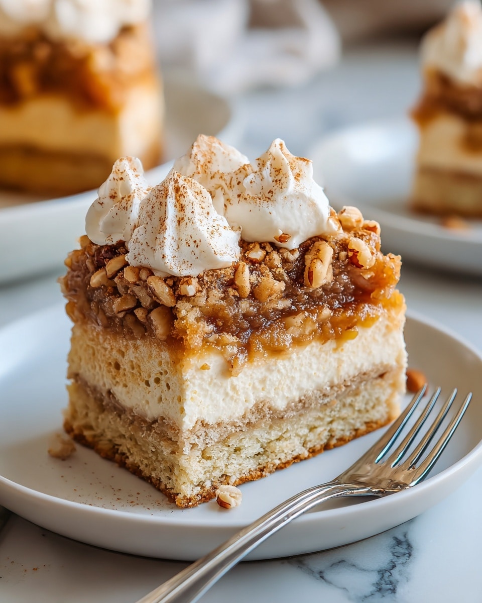 A square slice of a layered cake sits on a white plate with a silver fork beside it. The cake has three visible layers: a dense, light beige bottom layer; a moist, golden brown middle layer with bits of nuts or fruit; and a crumbly, crunchy top layer covered with pieces of nuts and small dollops of white whipped cream sprinkled with light brown cinnamon powder. The plate rests on a white marbled surface, and the background shows a blurred plate with more cake pieces. Photo taken with an iphone --ar 4:5 --v 7