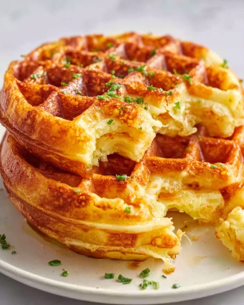 The image shows two round golden waffles stacked unevenly on a white plate sitting on a white marbled surface. The top waffle is slightly tilted, revealing the crispy texture and soft inside of the bottom one with little pieces broken off. A sprinkle of finely chopped green herbs is scattered on top, adding a fresh color contrast. The waffles have a well-done crust with a warm yellow color inside. photo taken with an iphone --ar 4:5 --v 7