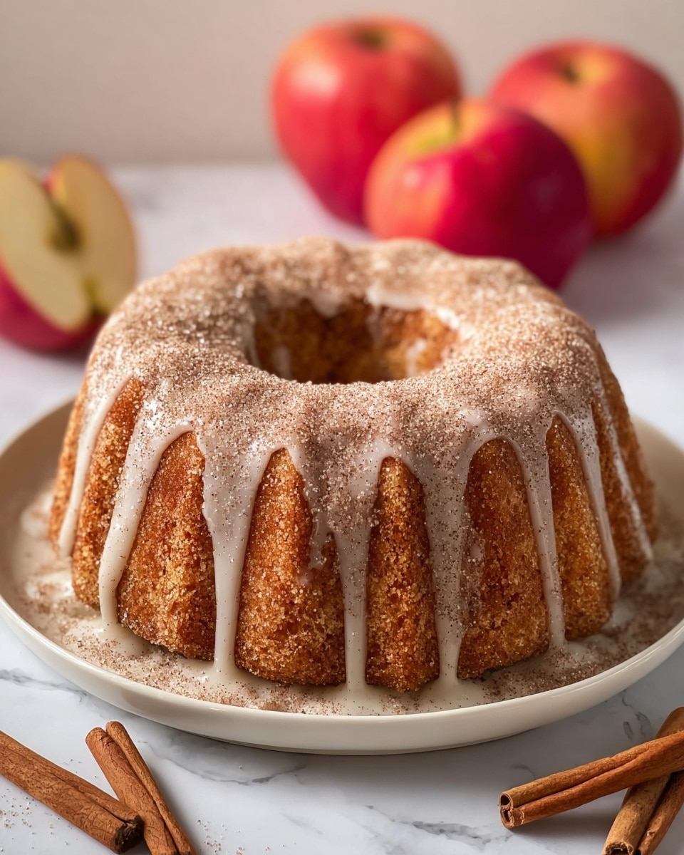 A single bundt cake sits on a white plate, featuring a light brown, soft, and moist texture with a ridged design. The cake is topped with a thin drip of white glaze running unevenly down the sides and sprinkled generously with a layer of coarse sugar and cinnamon powder, giving it a sparkling and slightly grainy texture. In the background, two bright red apples and two cinnamon sticks rest on a smooth white marbled surface, adding a cozy, autumn feel to the image. photo taken with an iphone --ar 4:5 --v 7