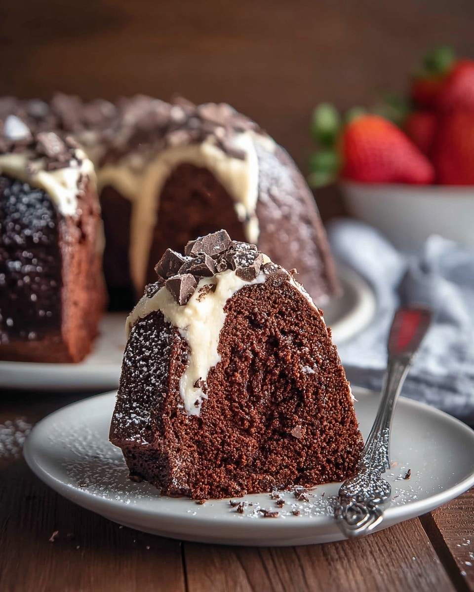 The image shows a slice of rich dark brown chocolate bundt cake with a moist texture, partly cut from the larger cake on a white plate. The cake has one thick creamy off-white layer on top covered unevenly with small chunks of dark chocolate scattered over the surface. Powdered white sugar is dusted lightly over the whole cake, enhancing its texture. The background features a blurred bunch of red strawberries, and the plate sits on a wooden table. A metal cake knife with a detailed handle lies under the slice on the plate. photo taken with an iphone --ar 4:5 --v 7