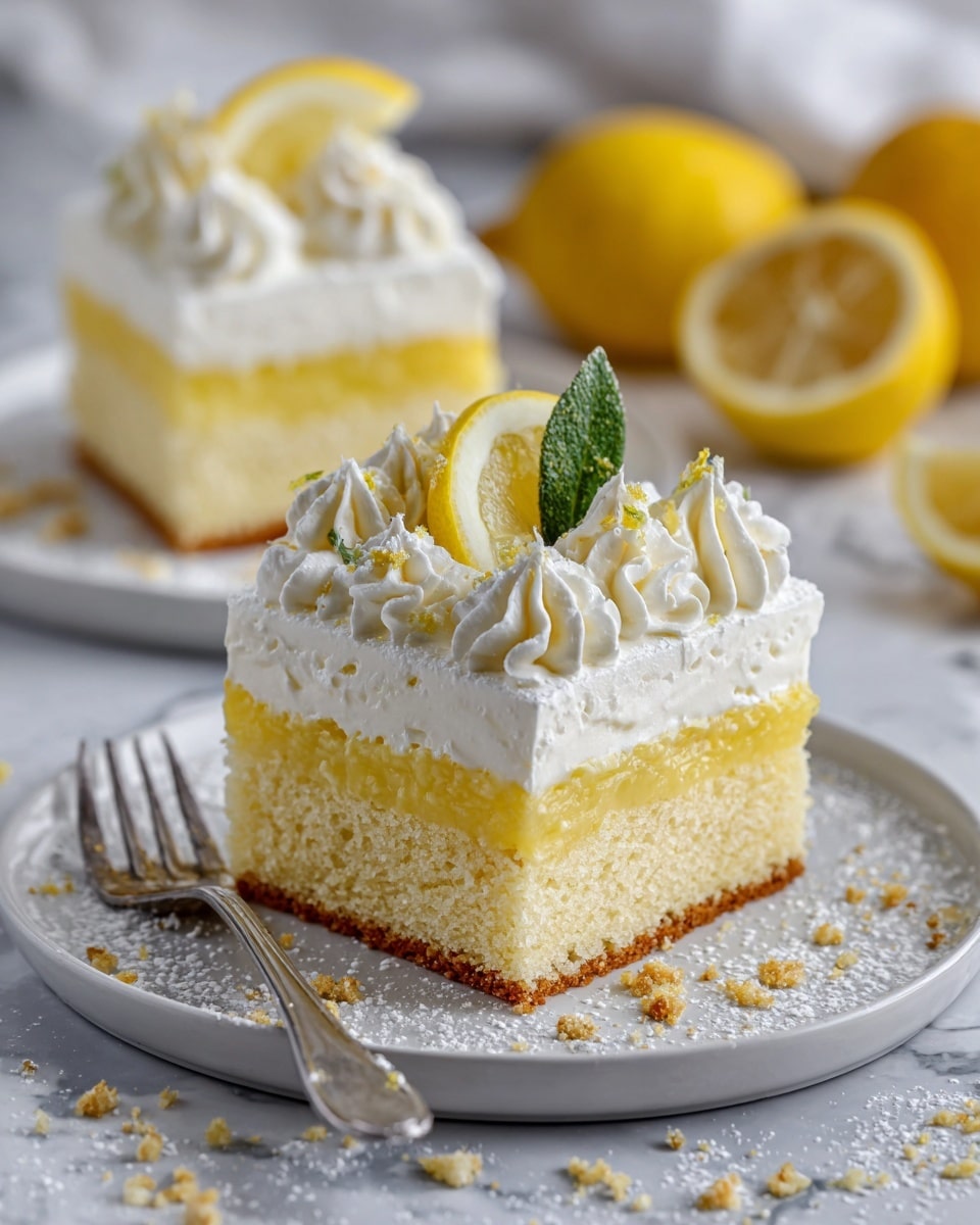 Two square slices of lemon cake are placed on a white plate on a white marbled surface. Each slice has three layers: a light yellow sponge cake layer at the bottom, a thick middle layer of white creamy frosting, and another light yellow sponge cake layer on top. The top of the cake is covered with white frosting, decorated with small swirls of whipped cream, thin lemon wedges, and a green leaf dusted lightly with powdered sugar. Crumbs are scattered around the base of the cake slices, and a fork lies beside the plate. The background shows blurred lemons. photo taken with an iphone --ar 4:5 --v 7