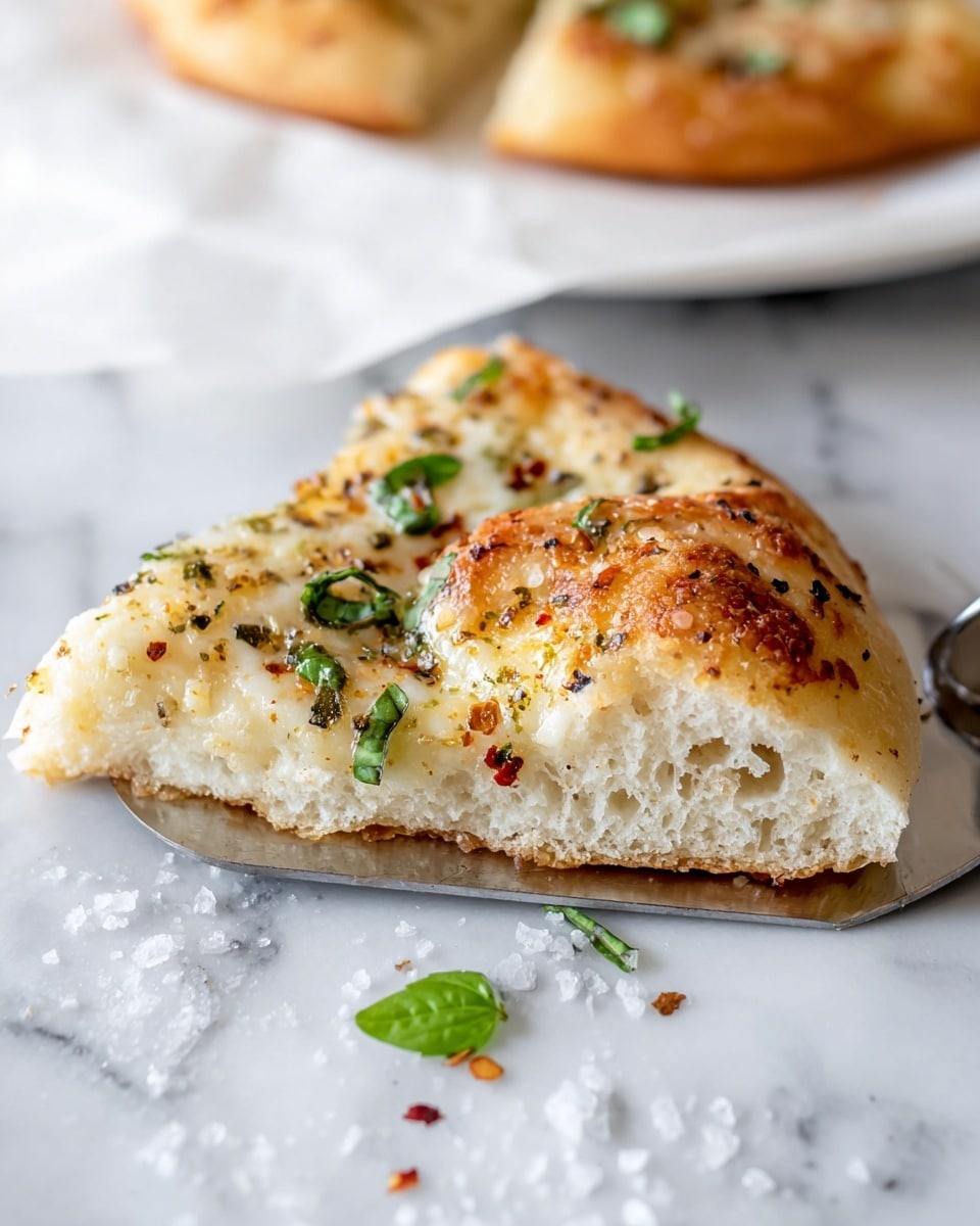 A close-up view of a single slice of white pizza resting on a silver spatula, placed on a white marbled surface. The pizza slice has a thick, airy crust with a golden-brown top baked to a light crisp. The top layer shows melted cheese with slight bubbling and browning, sprinkled with green herbs and small green basil leaves scattered around. There are visible specks of red chili flakes and black pepper spread evenly across the surface. The texture of the crust is soft and fluffy inside, with a slight crunch on the outer edge. Some coarse salt crystals are scattered around the slice on the marbled surface. In the background, there is a faint look of a larger pizza on a white plate lined with parchment paper. photo taken with an iphone --ar 4:5 --v 7