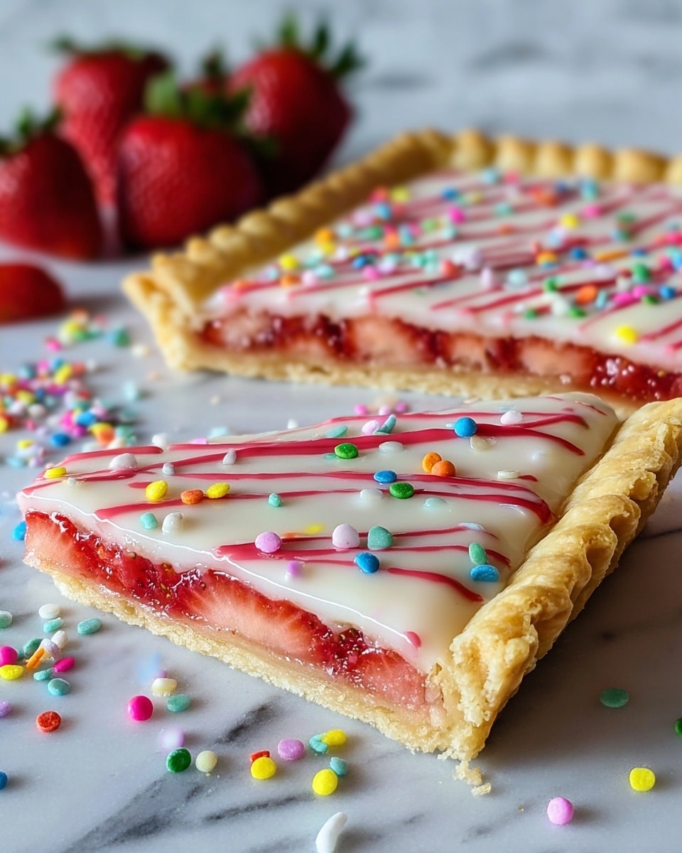 A square tart with a thick golden flaky crust forms the base, topped with a layer of bright red strawberry filling visible through a creamy white glaze that covers the entire surface. Over the glaze, thin streaks of strawberry sauce create diagonal lines, and colorful round sprinkles in pink, yellow, green, blue, and white are scattered evenly on top. One slice is cut out, revealing the layers clearly. Fresh ripe strawberries sit blurred in the background on a white marbled surface with a few sprinkles spread around. photo taken with an iphone --ar 4:5 --v 7