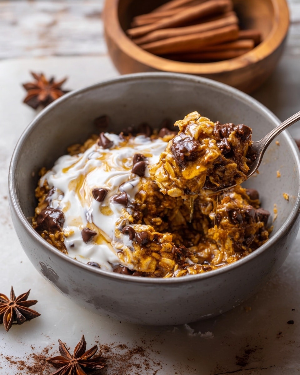 A close-up of a white bowl filled with a chunky mixture of baked oats with visible chocolate chips scattered throughout the golden brown, textured oat base. On top, there is a swirl of creamy white yogurt or cream with a drizzle of honey and a sprinkle of cinnamon. A silver spoon rests inside the bowl, partially submerged in the warm oat mixture. Around the bowl, there is a small white wooden bowl holding cinnamon sticks and star anise on a white marbled surface, with a metal tray of baked oats in the background. Photo taken with an iphone --ar 4:5 --v 7