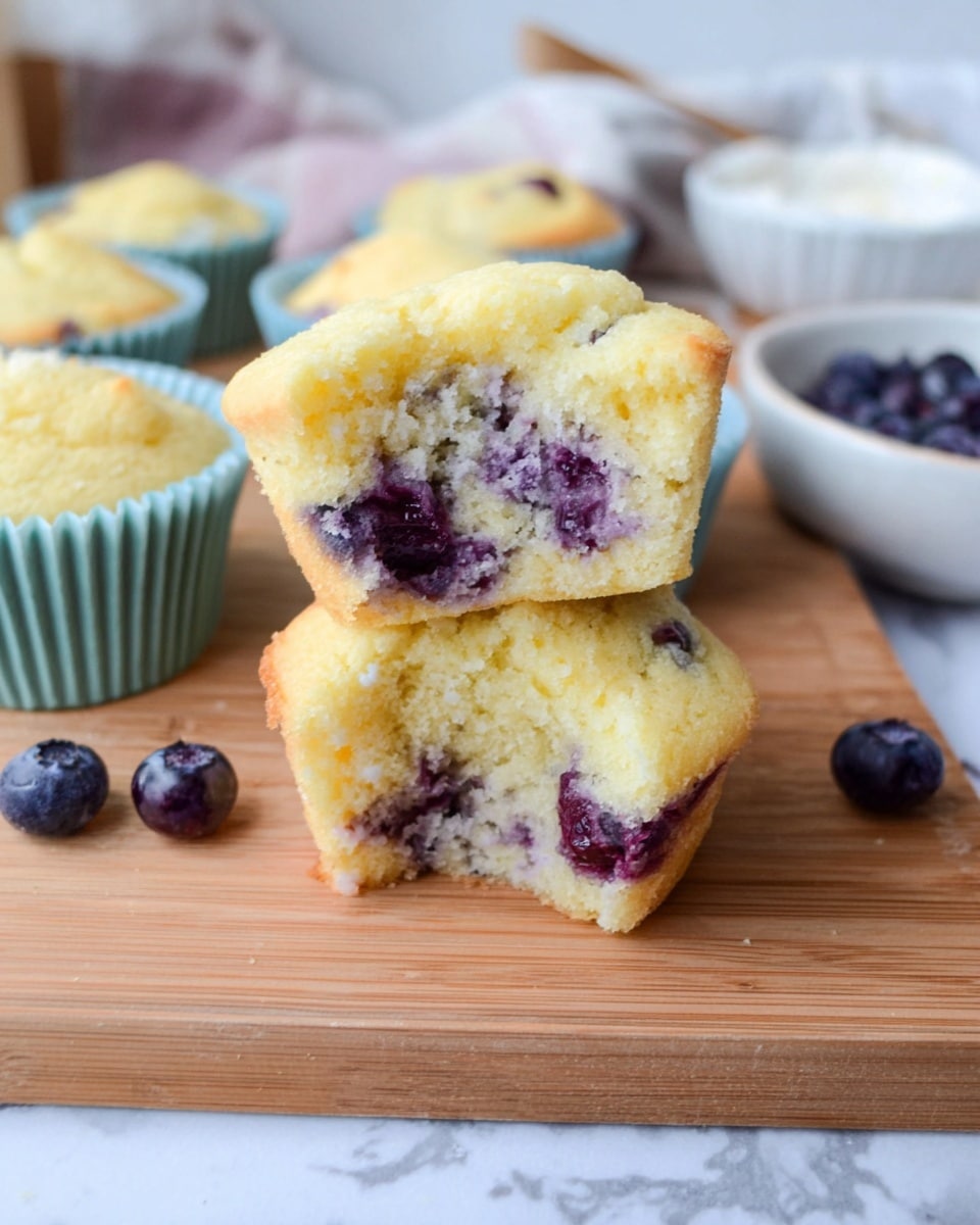 A close-up of a stack of two yellowish blueberry muffins with a soft, crumbly texture, broken in half to show the moist inside filled with scattered purple and dark blue blueberry pieces. Surrounding them are whole muffins in silicone white, blue, and light green baking cups, all resting on a light brown wooden board. In the blurry background, partially visible white bowls and other muffins add depth to the scene, all placed on a white marbled surface. Photo taken with an iphone --ar 4:5 --v 7