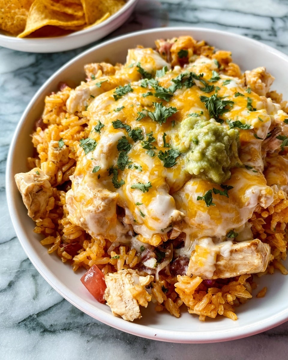 A close-up of a single-layer dish served in a white bowl filled with orange-colored rice mixed with pieces of red tomato giving small bright red spots. On top of the rice are chunks of light beige cooked chicken, some green dollops that look like guacamole or avocado, all covered with melted yellow-orange cheese drizzled evenly. Scattered fresh green cilantro leaves add small pops of color all over the dish. The bowl rests on a white marbled surface. Photo taken with an iphone --ar 4:5 --v 7