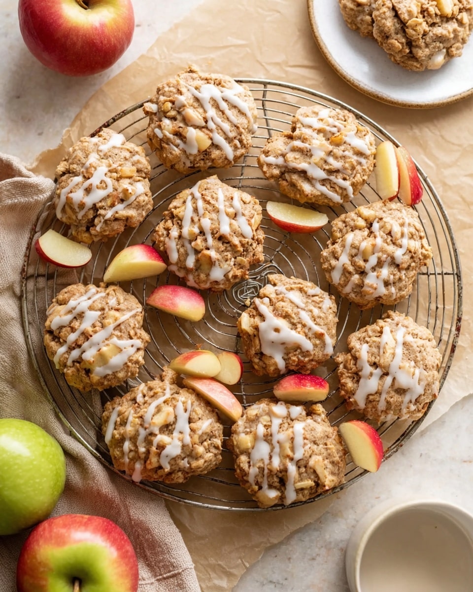 A round metal cooling rack filled with soft, chunky oatmeal cookies topped with small pieces of apple and drizzled with white icing. The cookies have a beige and light brown rough texture with creamy white icing lines on top, and scattered thin slices of red and yellow apple around and on the cookies. In the background, there is a white marbled surface covered partly with light brown parchment paper, a white bowl with white glaze or icing to the right, a small white plate holding two cookies to the upper left, and a white plate with a red apple above the rack. A green and red apple sits near the bottom left corner of the image. Photo taken with an iphone --ar 4:5 --v 7