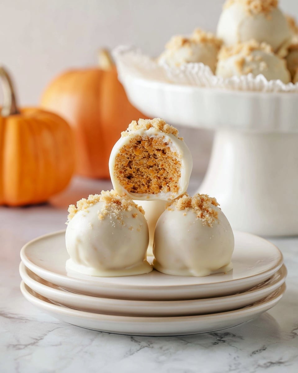 The image shows three round truffles placed on a stack of three white plates with a smooth finish, set on a white marbled surface. Each truffle has a thick, creamy white outer coating with some crumbly bits sprinkled on top, adding texture. One truffle is cut in half and balanced above the others, revealing a dense, crumbly, orange-brown interior. In the background, two small pumpkins and a ruffled white bowl containing more truffles are softly out of focus. The colors are warm and soft with natural lighting highlighting the glossy coating and crumbly inside of the truffles. Photo taken with an iphone --ar 4:5 --v 7