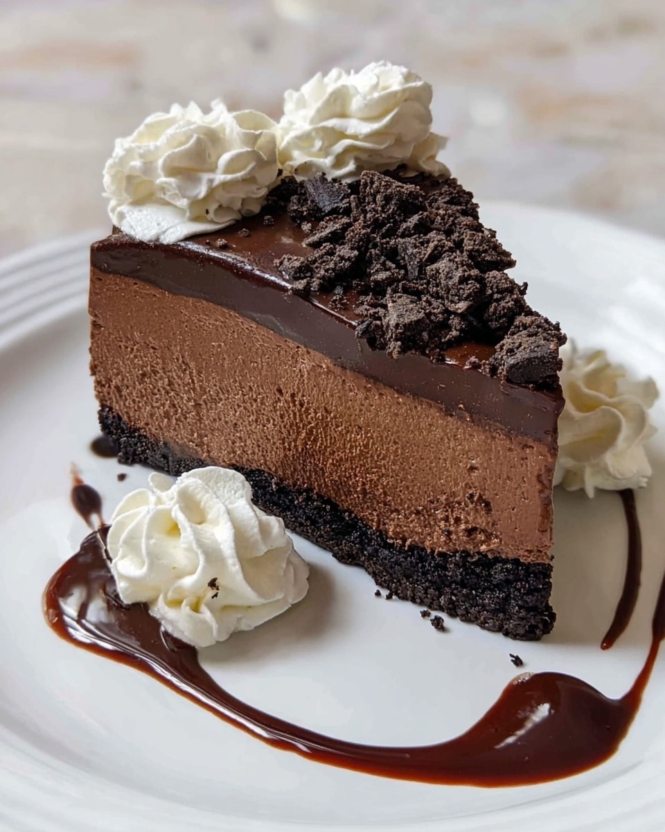 A slice of rich chocolate mousse cake sits on a white plate with a white marbled texture background. The cake has three layers: a dark chocolate crumb base, a thick middle layer of smooth milk chocolate mousse, and a top layer of dense dark chocolate ganache with some chocolate crumbs on top. Two dollops of white whipped cream flank the cake on either side, and there is a curved line of glossy dark chocolate syrup artfully drizzled on the plate beneath the cake. photo taken with an iphone --ar 4:5 --v 7