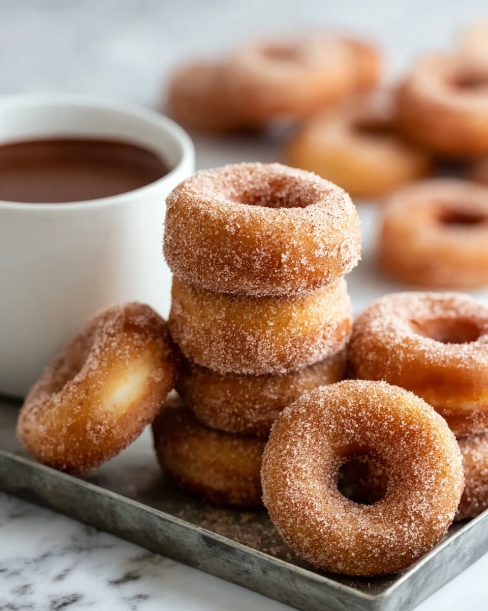 The image shows three stacked cinnamon sugar donuts with a golden brown, slightly rough texture coated in sparkling white sugar crystals, resting in a white rectangular tray. Each donut is thick and soft with a perfectly round hole in the middle. In the background, there are more donuts blurred out and a white cup filled with rich, dark chocolate sauce. The scene is set on a white marbled surface. photo taken with an iphone --ar 4:5 --v 7