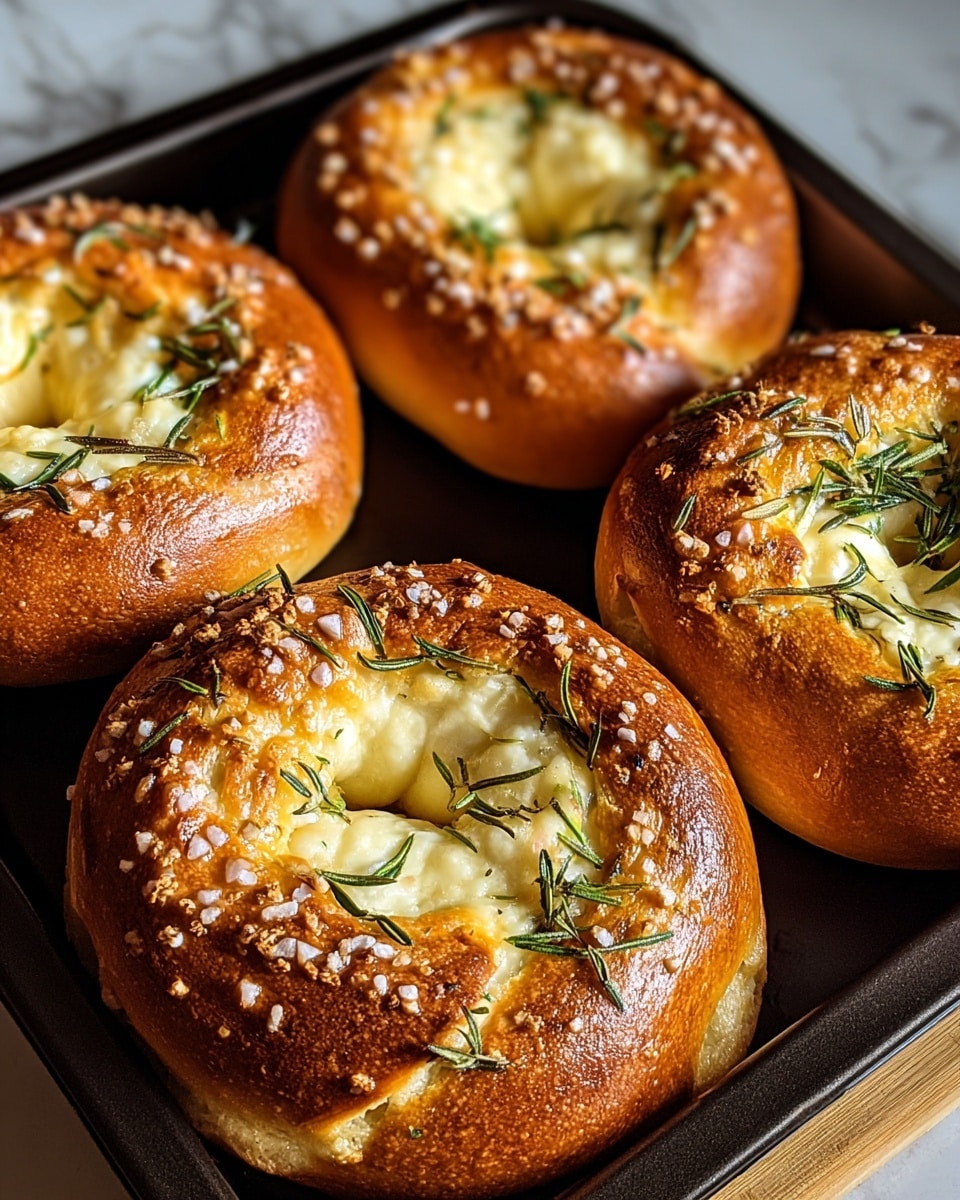 The image shows four golden brown soft bread rings on a black tray. Each ring has a smooth and shiny crust with a thick, creamy white cheese layer baked into the center part of the ring, melting slightly and bubbling around the edges. Sprigs of fresh green rosemary are spread on top of the cheese, adding a touch of green contrast to the warm golden and creamy white colors. Coarse salt crystals sprinkle across the bread rings, adding texture. The tray sits on a white marbled surface with gentle light highlighting the bread’s glossy texture, giving it a fresh-out-of-the-oven look. Photo taken with an iphone --ar 4:5 --v 7