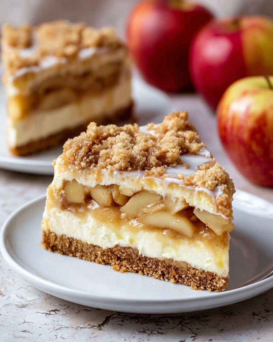 A slice of layered apple crumb cheesecake on a white plate, showing four distinct layers: a thick golden brown crumbly crust at the bottom, a pale creamy cheesecake layer above it, topped with a warm light brown apple filling with visible apple chunks, and finished with a crumbly streusel topping sprinkled with a light glaze. In the background, a second similar slice sits blurred on another white plate, with three whole red apples and a half apple also blurred behind, all resting on a white marbled texture surface. Photo taken with an iphone --ar 4:5 --v 7