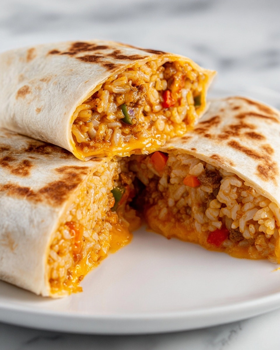 A woman's hand holds a burrito cut in half, showing two main layers inside. The outer layer is a light beige soft tortilla wrap, gently folded around the filling. Inside, the filling has a textured look with cooked rice mixed with small pieces of cooked ground meat colored light brown, along with bits of orange-red diced tomatoes and some green herbs scattered throughout. The rice and meat mixture looks moist and slightly saucy, filling most of the burrito's inside. The background is a white marbled surface. photo taken with an iphone --ar 4:5 --v 7