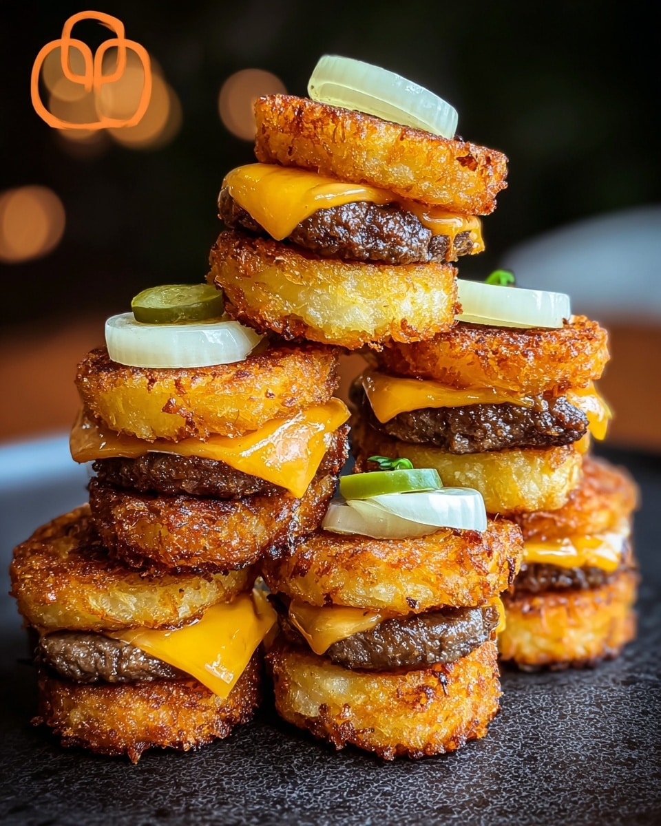 The image shows a stack of mini burgers made with layers resembling tater tots as buns. Each mini burger has a bottom layer of a golden, crispy tater tot square, followed by a slice of white onion and a small green pickle piece. On top of that lies a browned, juicy beef patty with melted bright orange cheddar cheese. The top layer is another crispy golden tater tot square, giving the burgers a tall, stacked look. These mini burgers are placed on a dark surface with a blurred dark background behind them. photo taken with an iphone --ar 4:5 --v 7