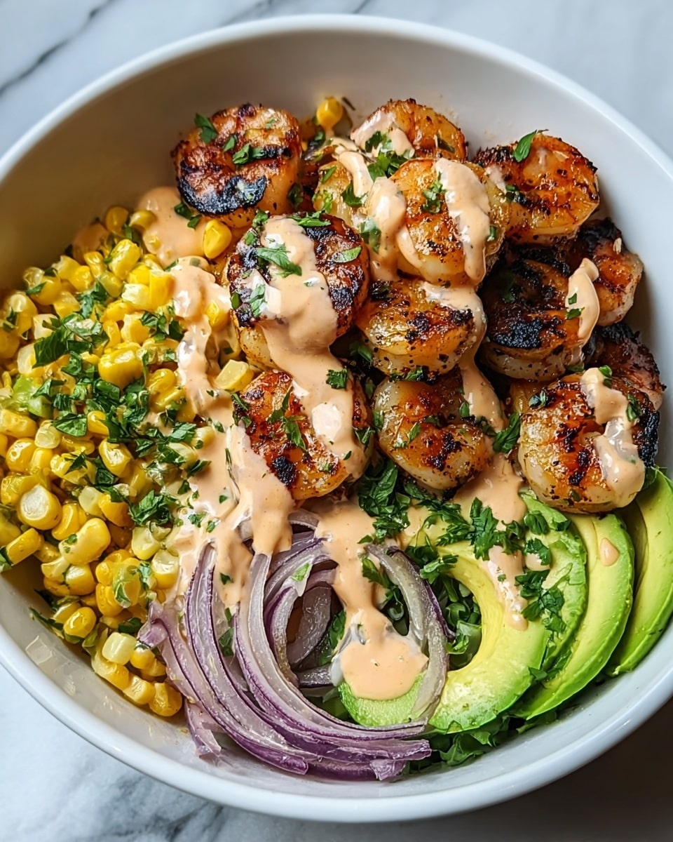 A white bowl filled with four main layers arranged side by side: bright yellow corn kernels mixed with green herbs on the left, next to thinly sliced purple onions garnished with herbs, a pile of grilled, golden-brown shrimp with charred spots and a creamy light orange sauce drizzled generously over them in the center, and fresh, sliced green avocado pieces sprinkled with herbs on the right. The shrimp layer is slightly elevated, giving a sense of depth. The background features a white marbled texture. Photo taken with an iphone --ar 4:5 --v 7