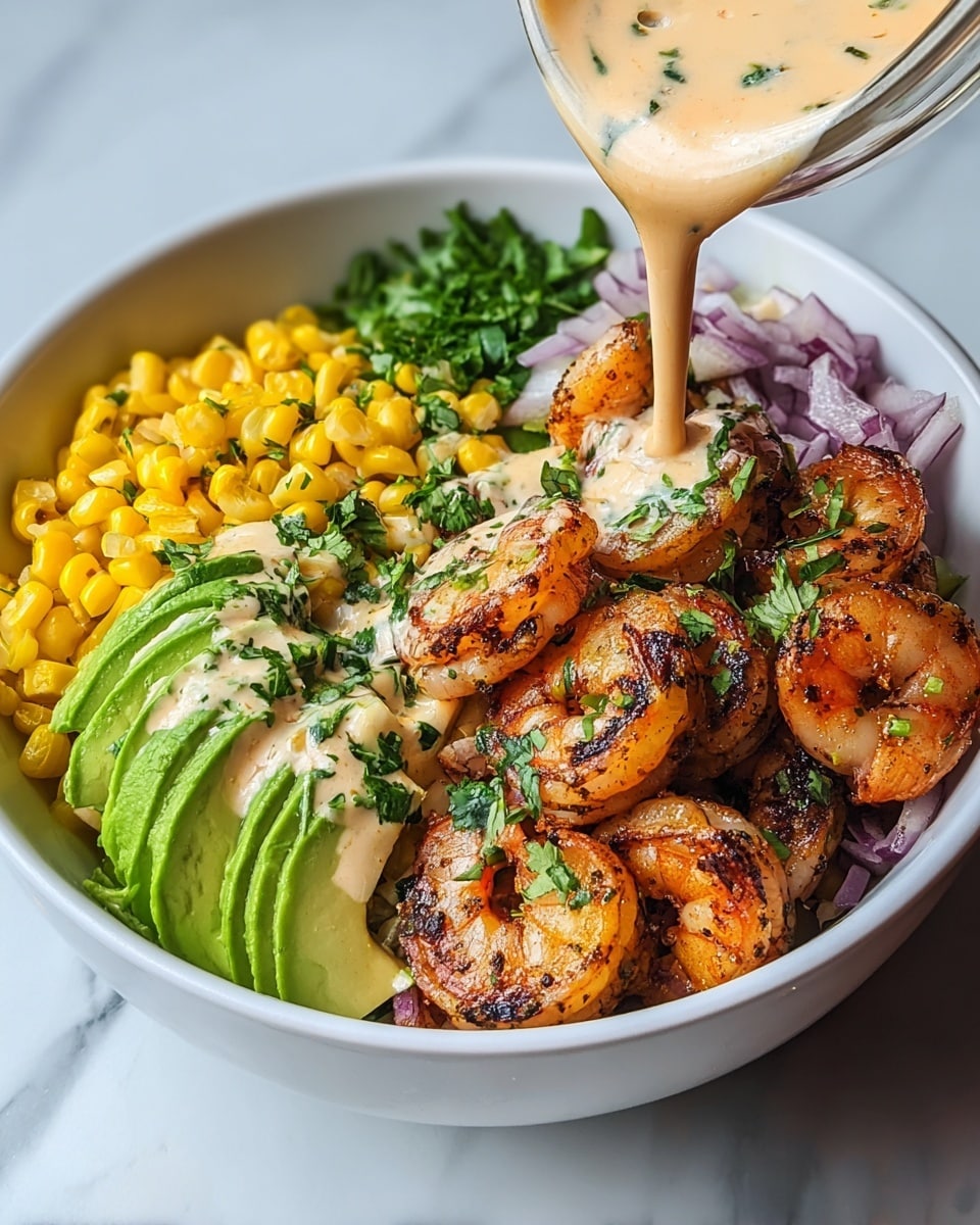 A white bowl holds a vibrant dish with four main layers: on the left, bright yellow grilled corn kernels; next to it, slices of smooth green avocado sprinkled with chopped fresh herbs; to the right, a pile of grilled shrimp with a golden-brown char and some herbs on top; underneath and between the shrimp, pieces of purple-red onion and green cilantro. Above the shrimp, a woman's hand drizzles a creamy, light orange sauce with herb bits over the dish. The whole scene sits on a white marbled surface. photo taken with an iphone --ar 4:5 --v 7