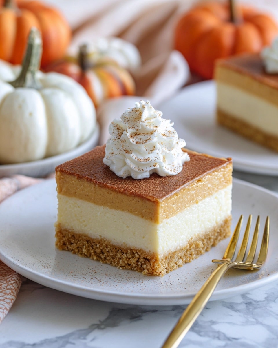 A square slice of layered dessert with three distinct layers on a white plate: the bottom layer is a crumbly, golden-brown crust; the middle layer is thick, creamy, and pale white; the top layer is smooth and light brown, resembling a pumpkin or spice flavor. On top of the dessert is a dollop of white whipped cream sprinkled lightly with brown spice. To the right of the dessert on the plate is a gold-colored fork. The background shows another slice of the dessert on a white plate, small decorative white and orange pumpkins, and a white marbled surface. Photo taken with an iphone --ar 4:5 --v 7