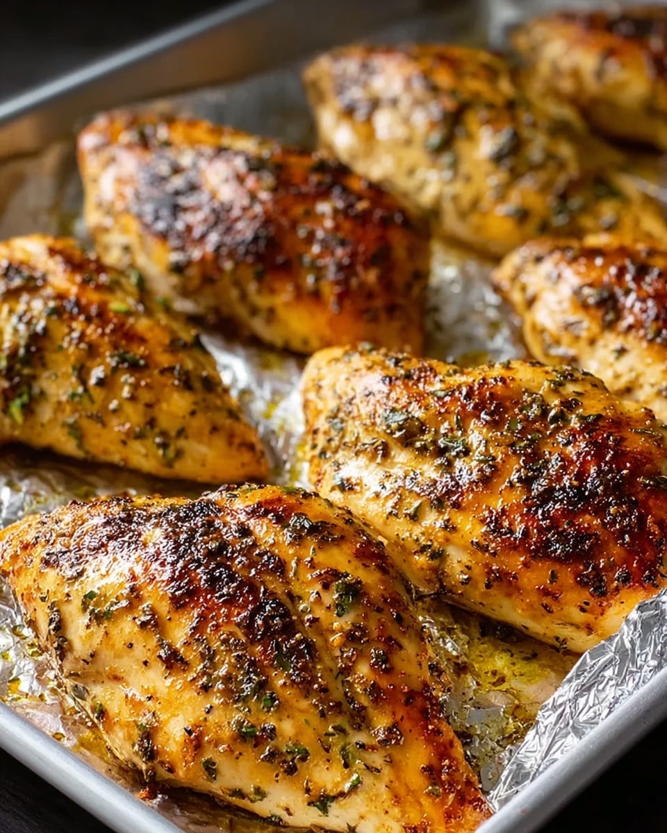 The image shows several baked chicken breasts on a baking tray lined with foil, placed on a white marbled surface. Each chicken breast has a golden brown color with a mix of darker grilled spots and a coating of herbs and spices, giving a textured look with flecks of green and black seasoning evenly spread. The chicken pieces have a moist, slightly shiny appearance from the cooking oil, and the foil beneath them reflects some light, enhancing the juicy and tender look of the meat. Photo taken with an iphone --ar 4:5 --v 7
