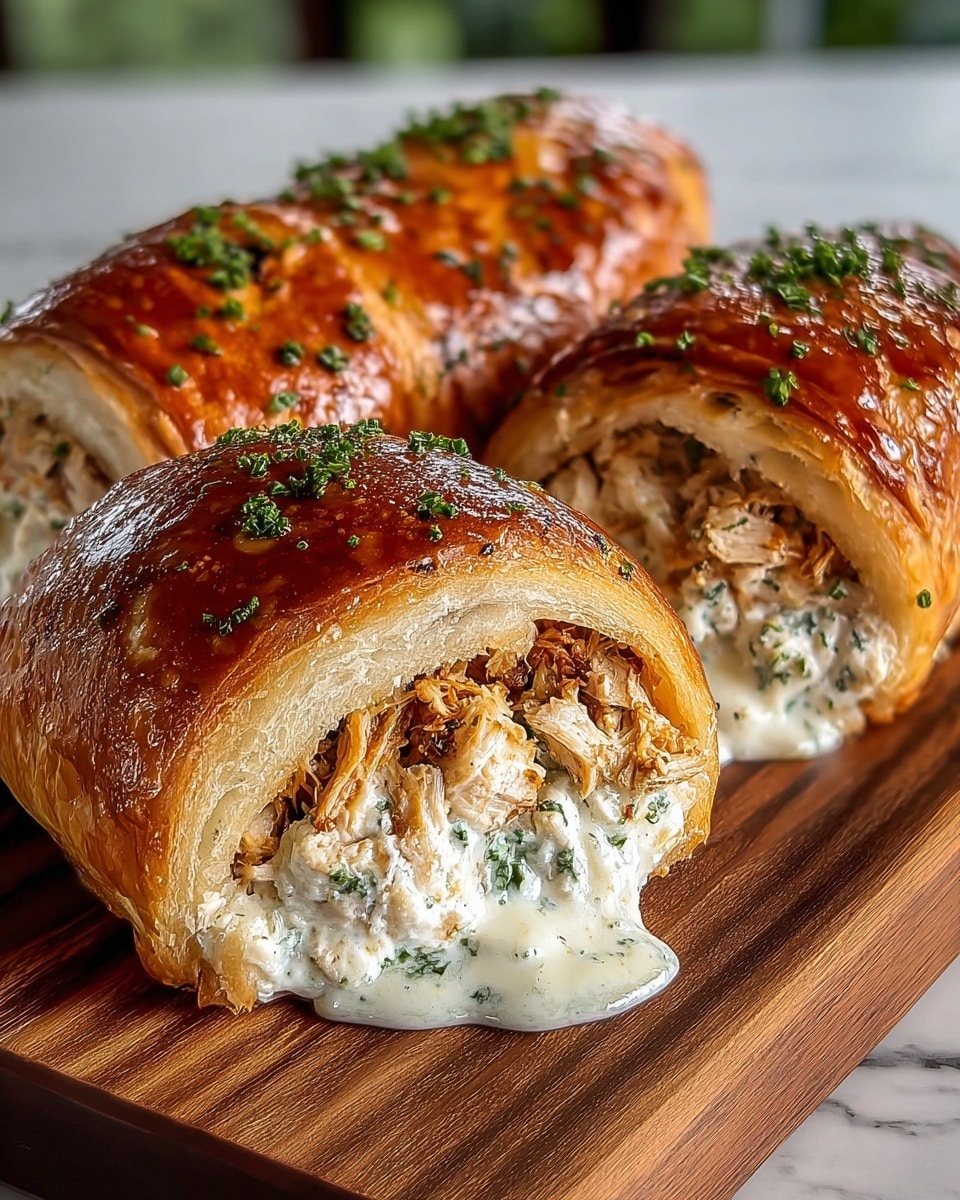 Three golden brown rolls sit on a wooden board, each cut in half to show their creamy filling. The outer layer is shiny and crispy with small pieces of green herbs sprinkled on top. Inside, there are two visible layers: a soft, white creamy cheese mixed with green herbs and shredded, lightly toasted chicken bits that add texture. The cheese layer oozes slightly out of the roll, showing a rich, smooth texture. The background is a white marbled surface, adding a clean and bright feel to the image. Photo taken with an iphone --ar 4:5 --v 7