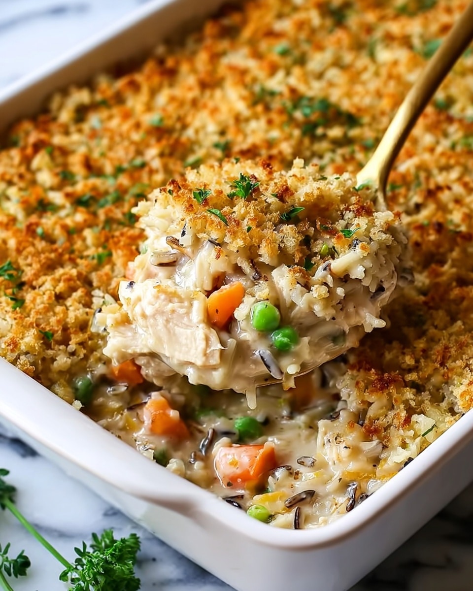A close-up view of a white baking dish filled with a creamy chicken and wild rice casserole. The dish has two main layers: the bottom layer is a mix of white and wild rice cooked with small pieces of chicken, diced orange carrots, and green peas in a thick, creamy sauce. The top layer is a golden brown crunchy crumb topping, sprinkled with small green parsley leaves, adding texture and color contrast. A golden spoon is lifting a portion from the dish, showing the moist, tender chicken and soft rice beneath the crunchy top. The dish is set on a white marbled surface with a small green herb decoration visible near the corner. photo taken with an iphone --ar 4:5 --v 7