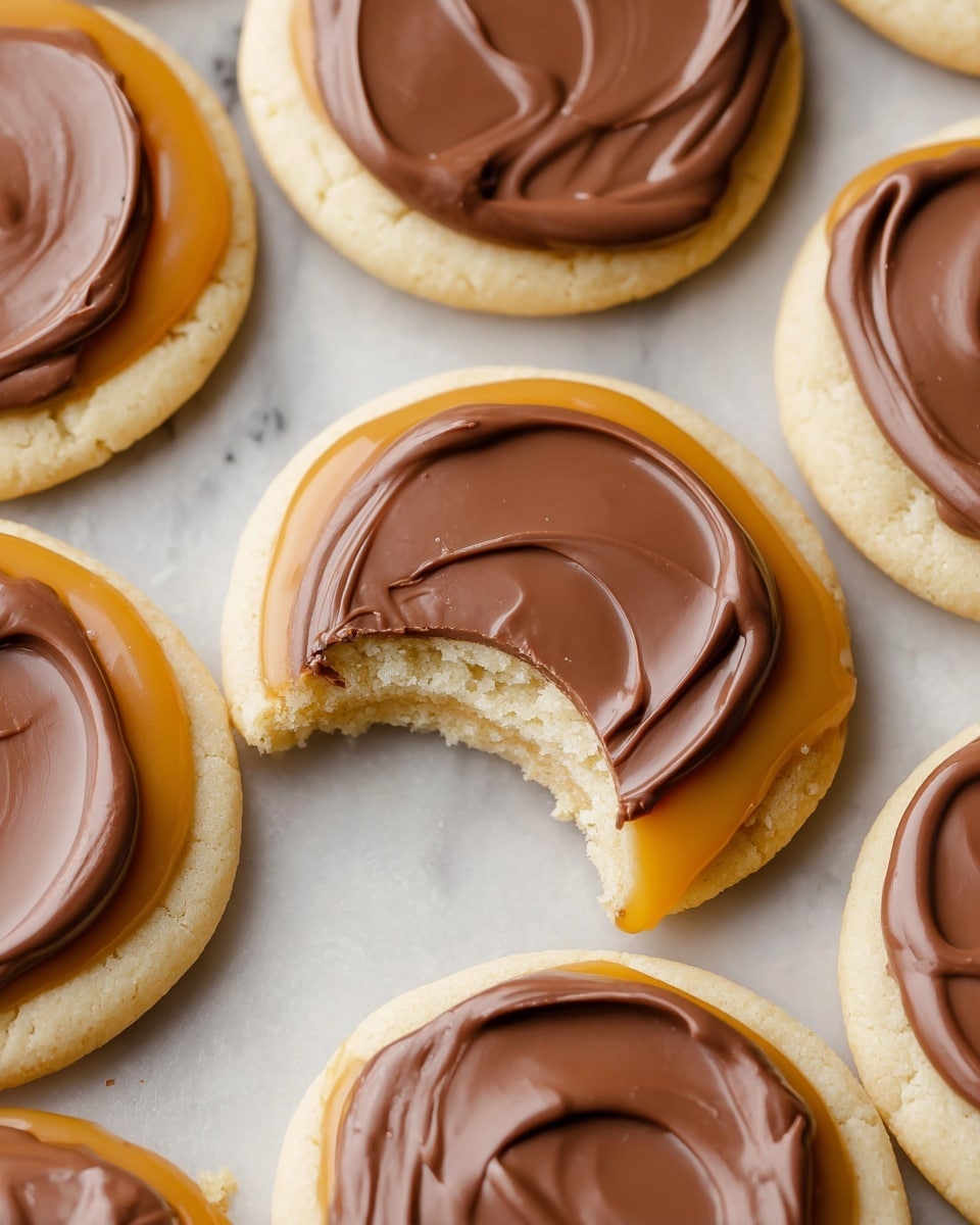 The image shows close-up round cookies on a baking sheet with three visible layers. The bottom layer is a light cream-colored cookie base, soft and smooth in texture. On top of the cookie is a thick layer of glossy golden caramel spread evenly but slightly irregular in shape. The top layer is a swirl of shiny milk chocolate, smooth with slight ridges from the spreading. The cookies are arranged closely together on a worn, textured baking sheet, with a soft, warm light highlighting the textures gently. Photo taken with an iphone --ar 4:5 --v 7