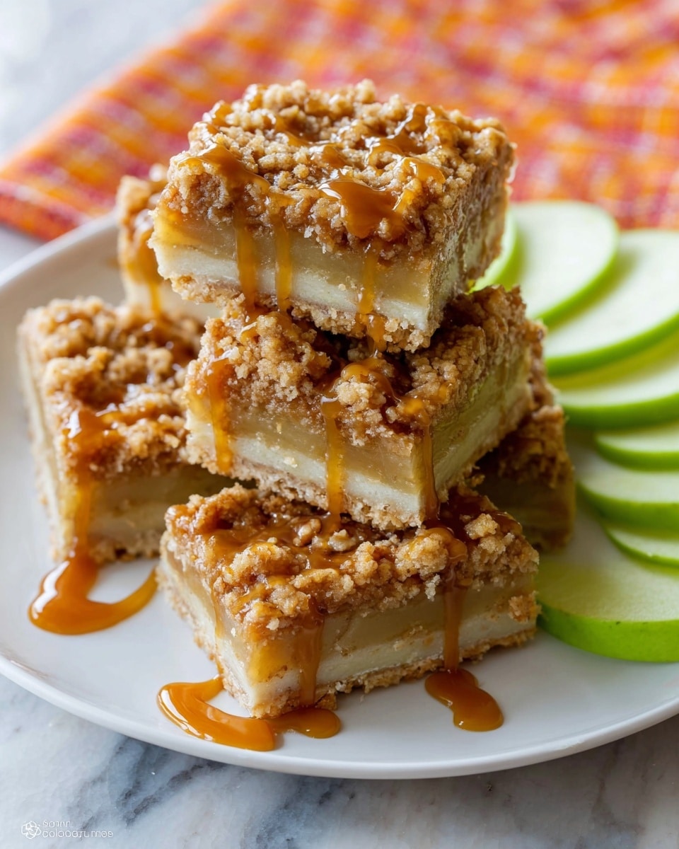 Two square crumb bars are stacked on a piece of crinkled brown parchment paper. Each bar has three layers: a dense, pale golden base; a middle layer with a slightly translucent, light yellow texture; and a top crumb layer that is golden brown with a rough, crunchy appearance. A glossy caramel sauce with a rich amber color is drizzled over the top crumb layer, some of it dripping down the sides. The bars rest on a white marbled texture surface, with a blurred white plate and a hint of a red and white striped cloth in the background. Photo taken with an iphone --ar 4:5 --v 7