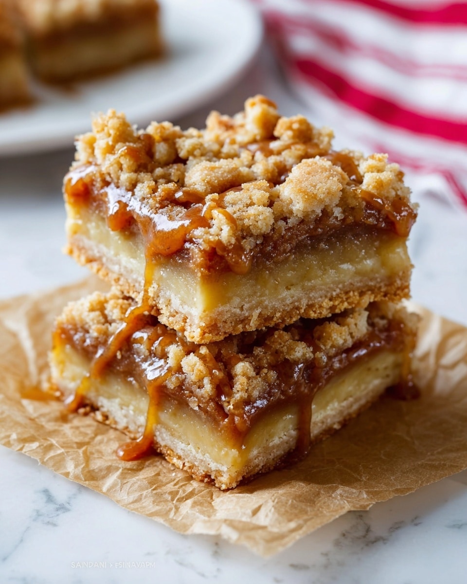 A stack of five square dessert bars sits on a white plate, each bar showing three clear layers: a pale, firm base layer, a middle layer of soft-looking apple slices, and a top crumbly golden-brown streusel layer with a rough texture. A shiny drizzle of caramel sauce cascades over the top, pooling slightly around the bars. Behind the dessert bars, there are a few slices of green apple arranged on the plate. The surface is a white marbled texture with a checkered orange and white cloth blurred in the background. photo taken with an iphone --ar 4:5 --v 7