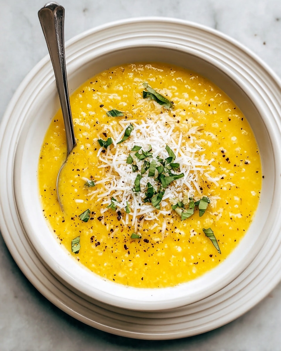 A white bowl filled with creamy yellow soup that has small grainy texture throughout, topped with a small pile of white shredded cheese and sprinkled with finely chopped green herbs and black pepper. A silver spoon rests inside the bowl on the left side. The bowl sits on a white textured plate, all placed on a white marbled surface. photo taken with an iphone --ar 4:5 --v 7
