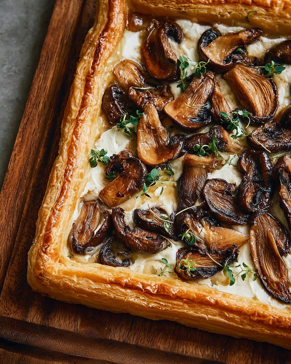 A square puff pastry tart with golden, flaky edges surrounds a rich filling of wild mushrooms in various shades of brown and cream, layered unevenly across the center. On top of the mushrooms, there are several thick, white squares of Fontina cheese that contrast with the dark, textured fungi. The tart is placed on a wooden cutting board with sprigs of fresh green thyme nearby, all set against a white marbled textured background. photo taken with an iphone --ar 4:5 --v 7