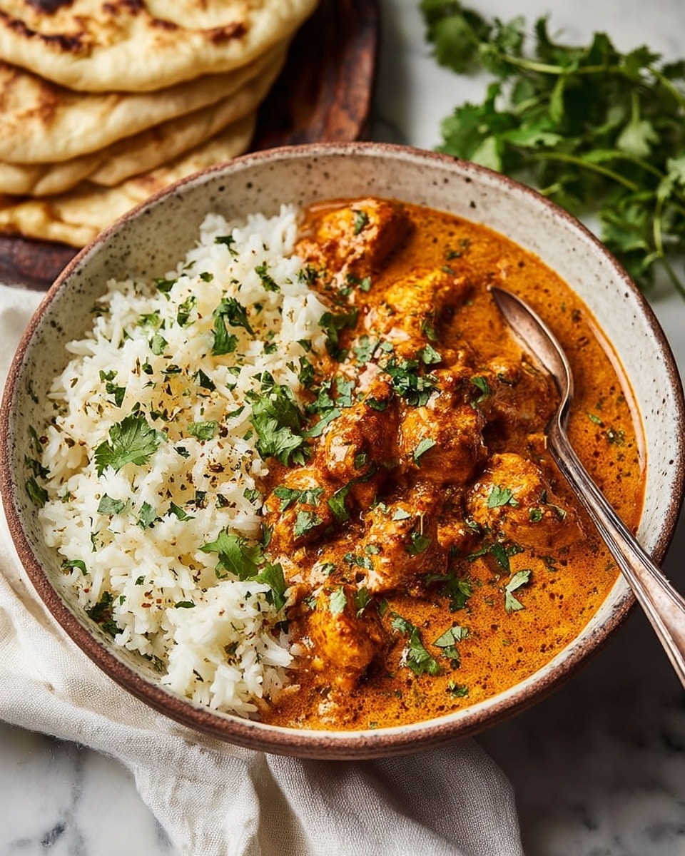 A round bowl with a speckled rim holds a two-layer dish; on one side, there is fluffy white rice sprinkled with green herbs and spices, while the other side contains an orange-brown curry with chunks of chicken covered in a thick sauce and garnished with fresh green cilantro leaves. A silver spoon rests in the curry, angled toward the top left. In the blurred background, there are pieces of flatbread on the left and greenery behind the bowl, all placed on a white marbled textured surface with a light cloth beneath the bowl. Photo taken with an iphone --ar 4:5 --v 7