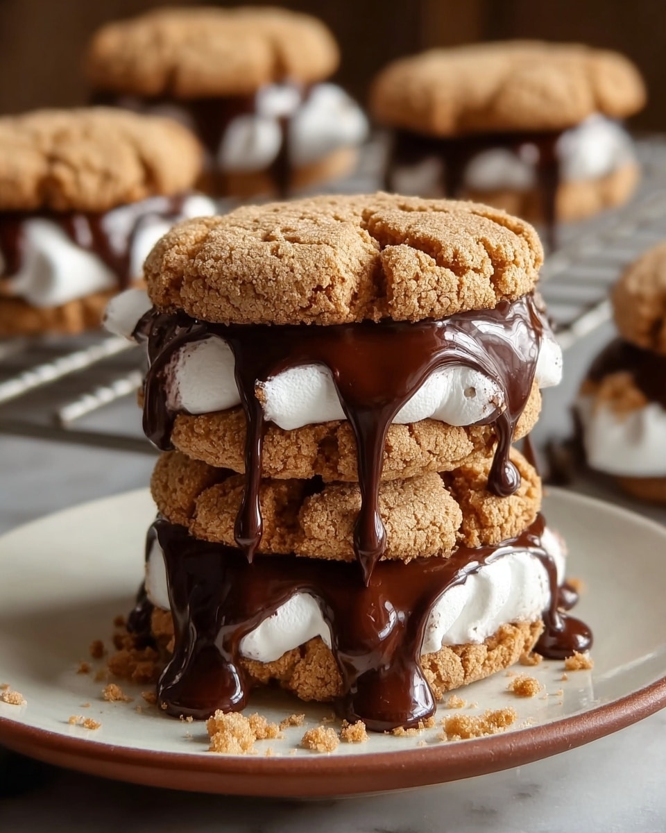 A close-up view of a stacked dessert made of three light brown textured cookies, each with a soft, cracked surface. Between the cookies are two layers of white, fluffy marshmallows and rich, dark chocolate that is melted and dripping down the sides in thick, glossy streams. The cookies are stacked on a white plate with a brown rim, and crumbs are scattered around the base. In the blurred background, more cookie stacks are visible on a white marbled surface. photo taken with an iphone --ar 4:5 --v 7