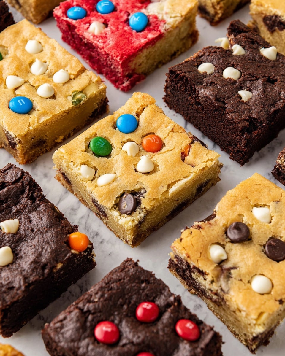 A close-up view of various square brownies and blondies arranged on a white marbled surface, each about two layers thick with a soft, slightly crumbly texture. The blondies are topped with colorful candy pieces like red, blue, green, orange, and yellow M&M’s or rainbow sprinkles, and some have white chocolate chips, showing a pale golden top layer and a dense base. The brownies are rich dark brown, some studded with dark chocolate chips and others with white chocolate chips, adding contrast through their glossy, slightly cracked surfaces. The arrangement is casual, with the squares closely set but not touching. Photo taken with an iphone --ar 4:5 --v 7