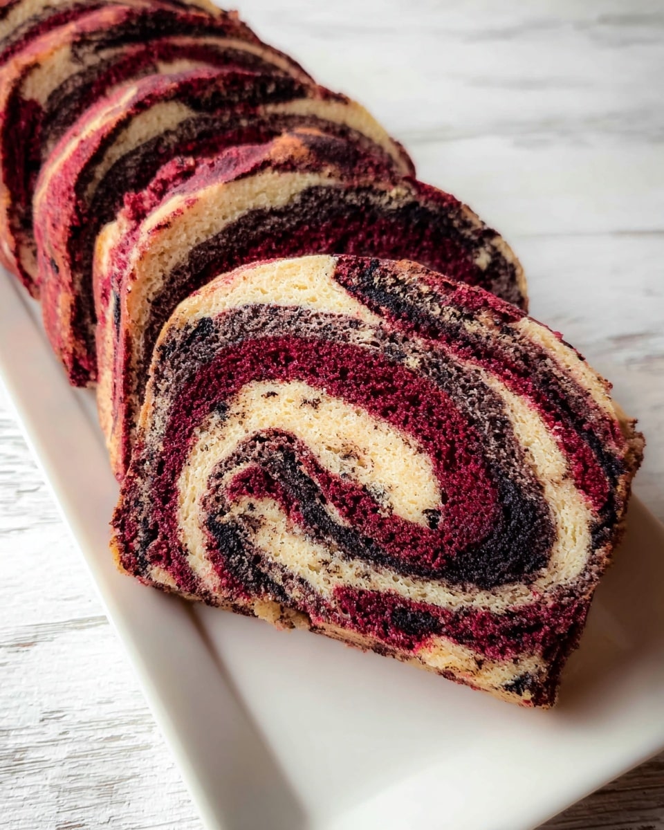 The image shows several slices of swirled bread arranged in a row on a white rectangular plate, placed on a white marbled textured surface. The bread has a layered look with alternating colors of deep red and dark purple, along with light beige sections. The layers are tightly rolled, creating a spiral pattern with a textured crumb that looks soft but dense. The outer crust is darker with reddish tones, and the inside reveals the vibrant color contrast between the three main layers. Photo taken with an iphone --ar 4:5 --v 7