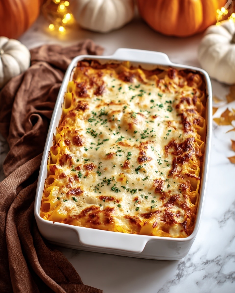 A white rectangular baking dish filled with baked pasta that has three visible layers: at the bottom, yellow pasta tubes; in the middle, a smooth, light orange sauce; and on top, a thick, bubbly layer of golden-brown melted cheese with small green herb sprinkles scattered across. The dish is placed on a white marbled surface with a brown cloth casually draped on the left side. In the blurred background, there are white and orange pumpkins and some warm, soft yellow lights, giving a cozy, autumn feel. Photo taken with an iphone --ar 4:5 --v 7