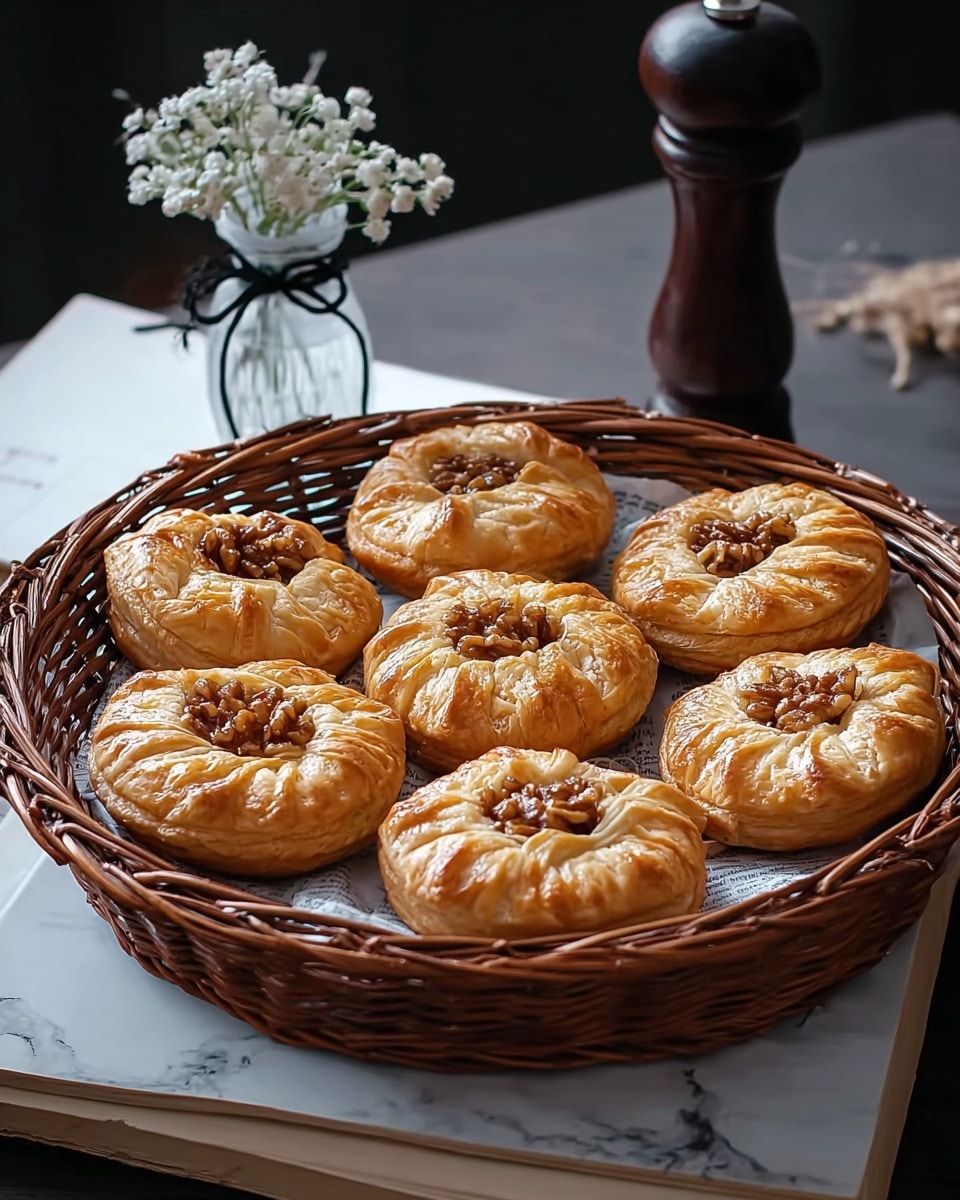 A round woven basket filled with a stack of golden brown, shiny puff pastries. Each pastry has a pattern on top made of two strips of dough crossing each other, showing the flaky layers and a glossy, crisp crust. The basket sits on a white marbled surface, with a white cup and a cloth behind it, giving a cozy, warm feel. photo taken with an iphone --ar 4:5 --v 7
