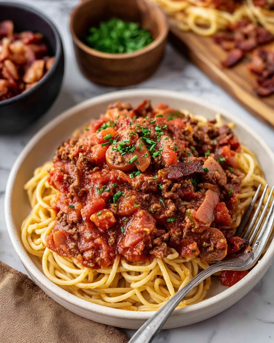 A white plate holds a serving of spaghetti layered at the bottom in long, yellow strands with a slight shine. On top, there is a thick layer of chunky red tomato sauce mixed with browned ground meat and slices of browned sausage. Small pieces of crispy bacon are scattered throughout, adding texture. Bright green chopped chives are sprinkled on top, adding a fresh pop of color. A silver fork rests on the right side of the plate. The plate sits on a white marbled surface with a wooden bowl of green herbs and a black bowl filled with bacon chunks in the background. photo taken with an iphone --ar 4:5 --v 7